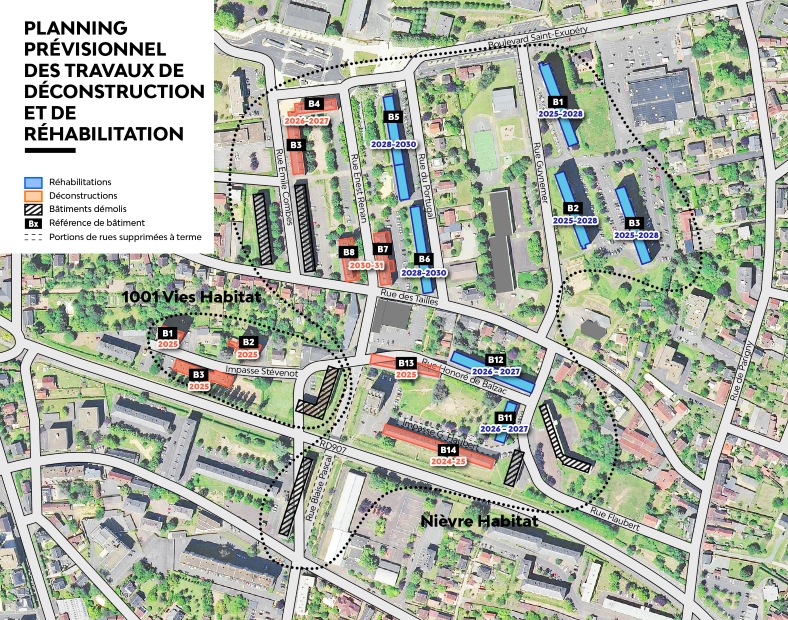 Cartographie des déconstructions et réhabilitations dans le quartier du Banlay (2024-2031).